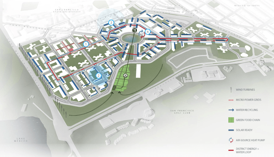 Drawing of parkmerced with sustainable features highlighted