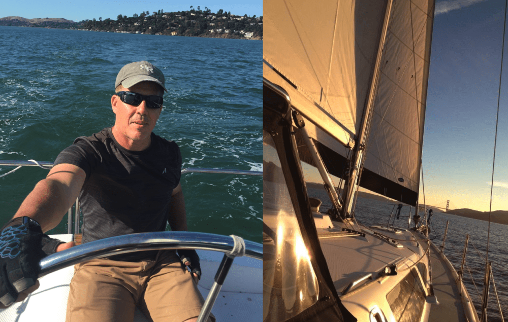 split picture man in sunglasses on sailboat on SF bay, and view to golden gate bridge from starboard